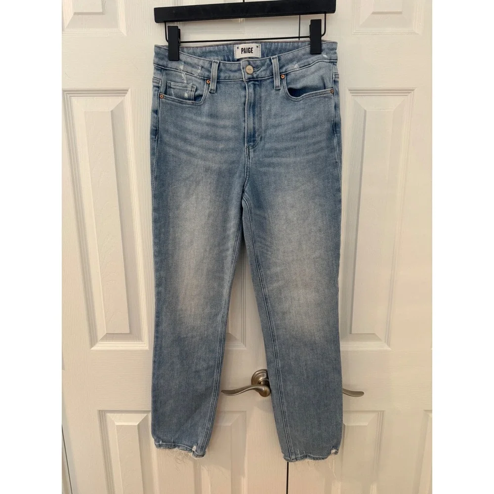 PAIGE Cindy High Rise Straight Leg Distressed Jeans Light Blue Raw Hem. Stretch.